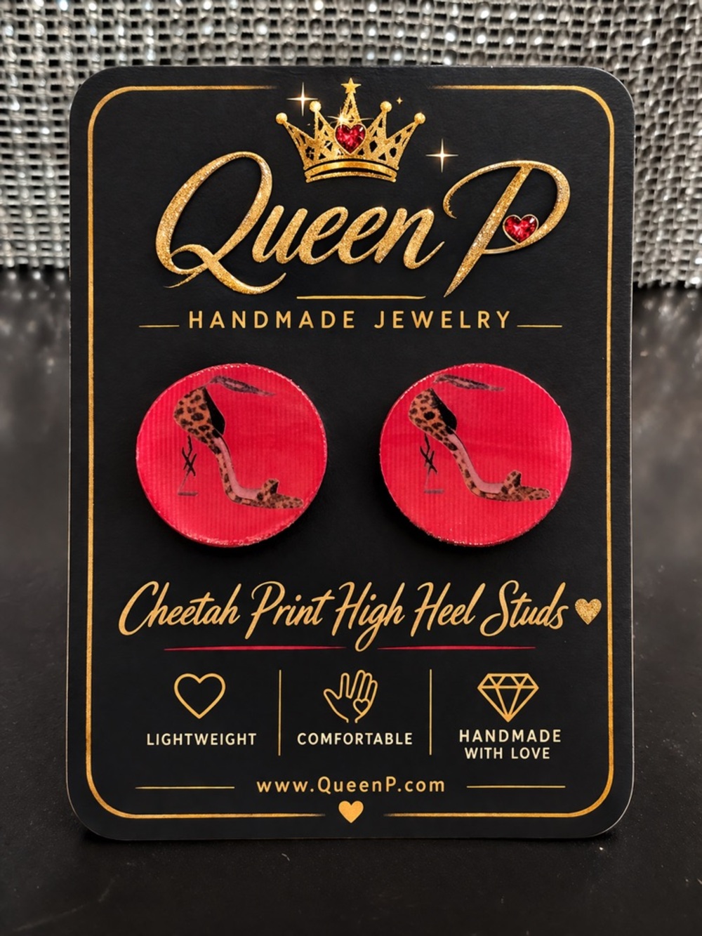 Cheetah Print High Heel Stud Earrings - Red